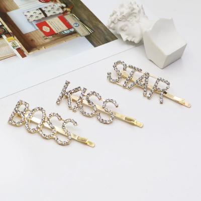 China Wholesale Trendy Gold Metal Rhinestone Hair Clips Letter Word Hairpins Baroque Hair Clips Fashion Fancy Women Girls Kids Hair Clips for sale