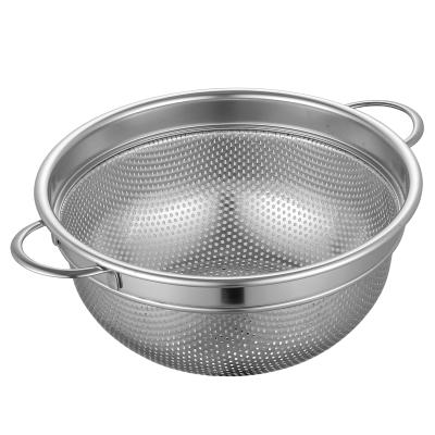 China Sustainable Vegetable Fruit Colander Set Kitchen Sieve Basket 18-39cm Stainless Steel Dense Hole Basket With Double Handle for sale