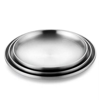 China Sustainable Korean Style Stainless Steel Double Layer Dinner Plates 9 Inch Insulated Round Serving Dishes And Plates For Barbecue Camping for sale