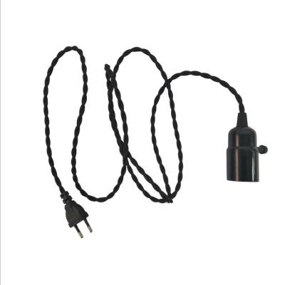 China Screw Twist Weave Textile Cotton Power Cord Wire E26 E27 Bakelite Lamp Braiding Holder With Rotary Switch Black for sale