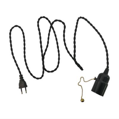 China Screw Twist Weave Textile Cotton Power Cord Wire E26 E27 Bakelite Lamp Braiding Holder With Push Switch Chain Black for sale