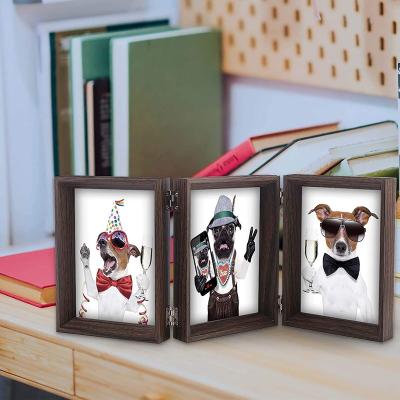 China Triple Hinged Beveled DIY 5x7 Picture Frame Real Glass 3 Wooden Vertical Opening Family Lover Gift (Brown) for sale