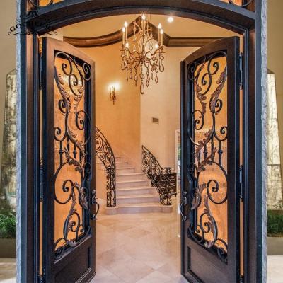 China Waterproof Metal Exterior Door Wrought Iron Glass Door Designs Entrance Villa Iron Front Entry for sale