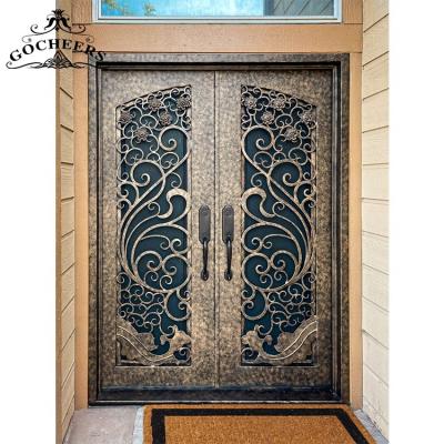 China Waterproof Iron Glass Door Entry Iron Main Gate Designs Exterior Wrought Iron Front Entry for sale