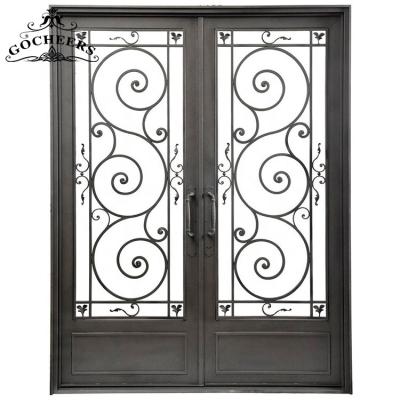 China Waterproof Wrought Iron Door Design Double Glass Door Front Main Wrought Iron French Doors for sale