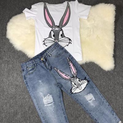 China Anti-pilling ladies suits sequins T-shirts casual pant suits cartoon printed women loose T-shirt denim calf-length pants sets for sale