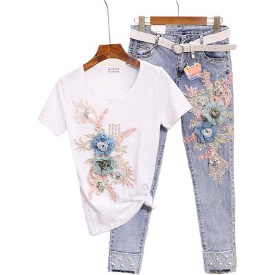 China New Summer Anti-pilling Women Heavy Work Embroidery 3D Flower T-shirts + Pearl Two-Piece Set Jeans 2 Pieces Sets Casual Suits Outfits for sale