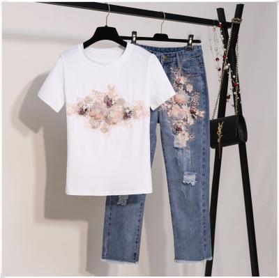 China New summer embroidery suit anti-pilling women's denim three-dimensional sequin flower short sleeve t-shirt + holed quarter jeans for sale