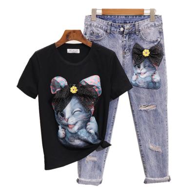 China 2021 summer new anti-pilling women's two-piece sets with diamond cartoon cat short sleeve T-shirt and hollow jeans for sale