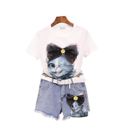 China Summer new anti-pilling women's suit two-piece set with diamond cartoon cat sleeve cotton T-shirt + denim tassel short shorts for sale