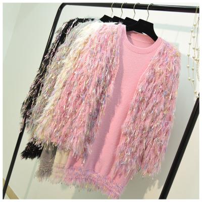 China Winter Fashion Anti-Shrink Knitted Women Fringed Colorful Mink Cardigan Jacket + Sweater Vest Hip-Wrapped Skirt Two Sets for sale