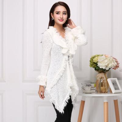 China Anti-Shrink V-Collar Soft Sweater Knitted Irregular Bell Sleeve Cardigan Mid-Length Jacket for sale