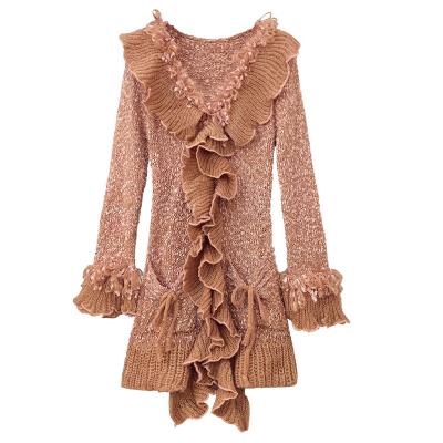 China Women's anti-shrinkage knitted cardigan of the middle length of the lotus leaf-edge of new V-collar autumn and winter sweater for sale