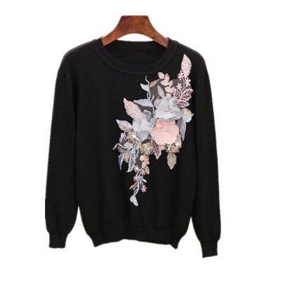 China New Women's Anti-Shrink Resistant Three-Dimensional Sequin Flower Knitted Sweater Embroidery Round Collar And Long Sleeve Cuff for sale