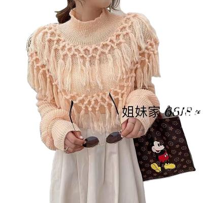 China Anti-wrinkle autumn winter tassel mohair knitted women's sweater 2021 solid color collar top french loose half new lantern sleeve sweater for sale