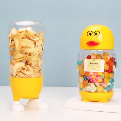 China Hot Selling Popular Cheap Hot Selling Wide Plastic Child Toy Duck Candy Snack Walnut Cookie Jelly Jars PET Mouth Cartoon for sale