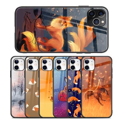 China scratchproof; Mixed models; Cute Mixed Design Fox Cartoon Phone Case For iPhone 12 11 Copy LOGO Glossy Glass Mobile 7 8 XS Sublimation Cover for sale