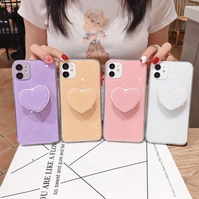 China Hot Sale Anti-fall Bling Glue Love Heart Phone Grip Holder Cover Solid Color IMD Phone Case For iPhone 12 11 XR Mobile Covers for sale