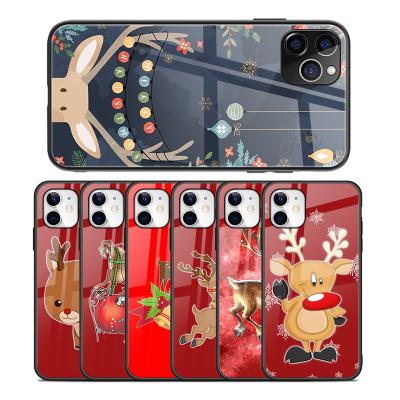 China Anti-drop Cute Christmas Cartoon Deer Glossy Glass Phone Case For iPhone XS 11 12 XR Hard Plastic Cover For Redmi Note 9 Pro for sale