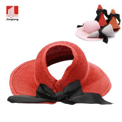 China Soft/Comfortable Outdoor Women Summer Beach Fashion Sun Protection Bow UV Paper Bow Tie Straw Visor Hat for sale