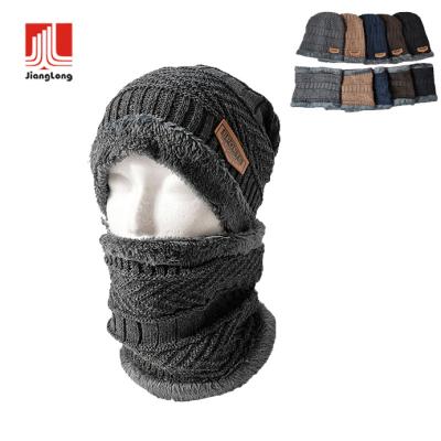 China Gently Thicken Wool Ski Hat Men Warm Hats Sherpa Neck Striping Warm Winter Wool Hat Set Men Beanie Knitted Cap Scarf Set Women for sale