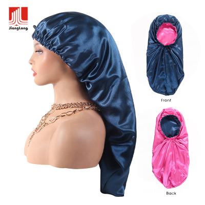 China Custom Made Reversible Adjustable Satin Shiny Amazon Feeling Silk Shiny Women's Plain Smooth Soft Satin Sleep Caps With Long Elastic Band Hoods for sale