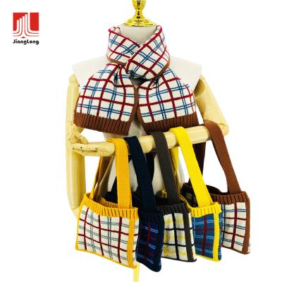 China 2021 Soft Smooth Feeling Winter Plaid Crochet Fashion Wholesale Custom Knitted Warm Tote Bag With Scarf for sale