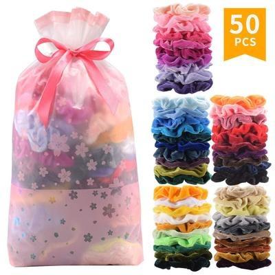 China Soft/Comfortable/Solid Color 50 Pcs Elastic Hair Ties Bands Accessories For Women Scrunchies Wholesale Elastic Velvet With Gift Bag for sale