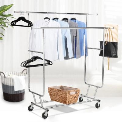 China Clothing Display Rack Sales Metal T-shirt Stand Double Standing Folding Clothes Rack Display for sale