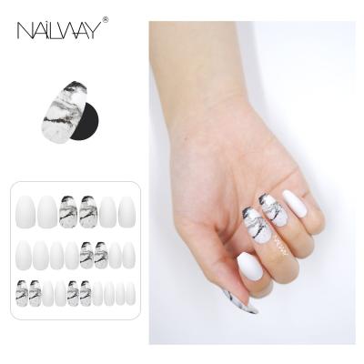 China Easy Apply Matte Marble Fakenail Medium Length Warm White Coffin Fake Nails With Press On Nails Packaging Box for sale