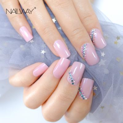 China Pale Pink Easy Wear Diamond Finger Nails Shiny Stick On Artificial Fake Nails Short Square Press On Nails for sale