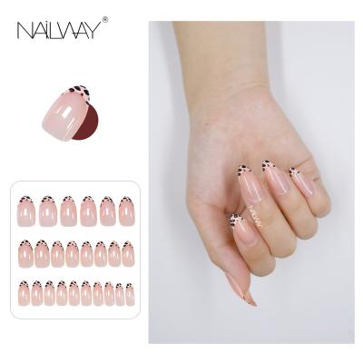 China Easy Apply Reasonable Price New Style Leopard Lace Up Nails French Almond Artificial Nails for sale