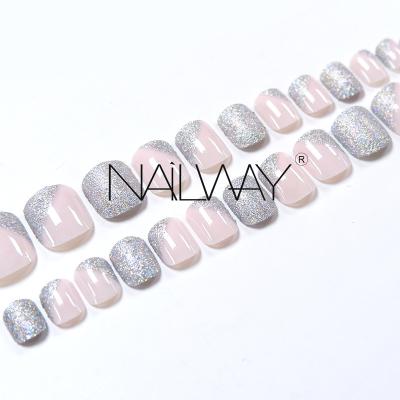 China Easy Apply Wholesale Pink&Silver Reusable French Cute Kids Nails Fake Press On Nails With Custom Logos for sale