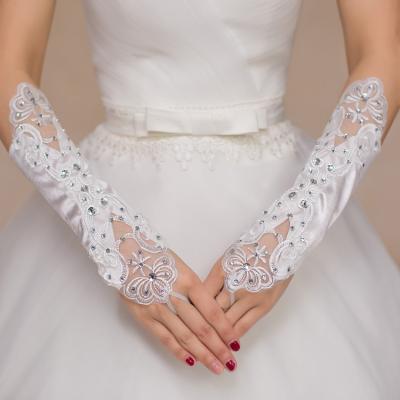 China Wedding Yuan Women Satin White Rhinestone Wedding Gloves Lady Performance Party Bridal Gloves for sale