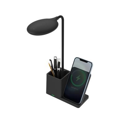 China Trending 2022 Innovative Desktop 3 in 1 LED Lamp Pen Pot Phone Holder Wireless Charger for sale