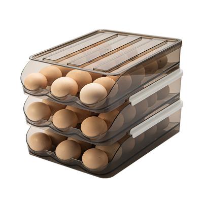 China Viable Egg Organizer Fridge Storage Rack Organizer Slide Design Plastic Automatic Egg Rolling Storage Box for sale