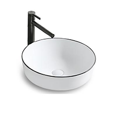 China Modern Bathroom Sinks 16”x16” Round Over Counter Porcelain Bathroom Vessel Vanity Sink Ceramic Black LINE Art Basin for sale