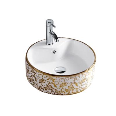 China Vintage Modern European Floral Bathrooms Style Ceramic Basin, Gold Edge Worktop Mount Sink, Vessel Gloss Worktop Mounted Wash for sale