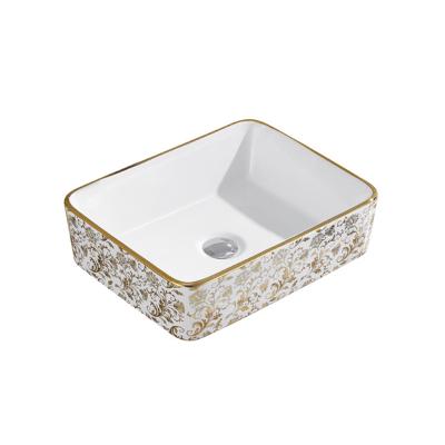 China Vintage Modern European Floral Bathrooms Style Ceramic Basin, Gold Edge Worktop Mount Sink, Vessel Gloss Worktop Mounted Wash for sale