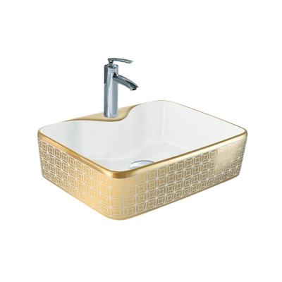 China Vintage Modern European Floral Bathrooms Style Ceramic Basin, Gold Edge Worktop Mount Sink, Vessel Gloss Worktop Mounted Wash for sale