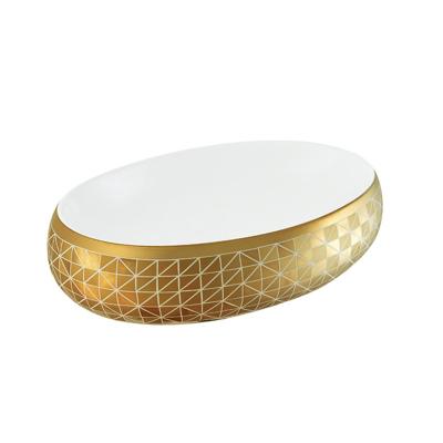 China Vintage Modern European Floral Bathrooms Style Ceramic Basin, Gold Edge Worktop Mount Sink, Vessel Gloss Worktop Mounted Wash for sale