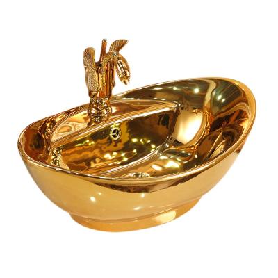 China Vintage Modern European Floral Bathrooms Style Ceramic Basin, Gold Edge Worktop Mount Sink, Vessel Gloss Worktop Mounted Wash for sale