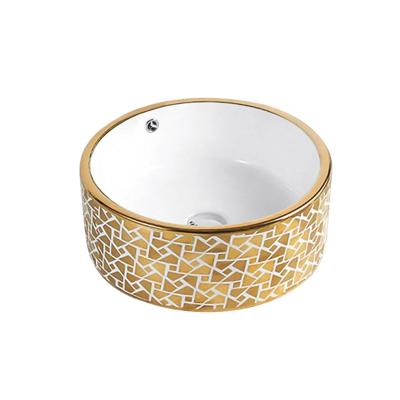 China Vintage Modern European Floral Bathrooms Style Ceramic Basin, Gold Edge Worktop Mount Sink, Vessel Gloss Worktop Mounted Wash for sale