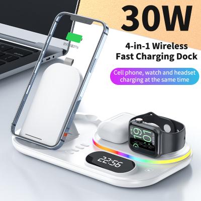 China Newly Luxurious Mobile Phone MP3 GPS Tablet 4 in 1 15W RGB LED Foldable Fast Charging Wireless Charger with Digital Alarm Clock and Night Light for sale