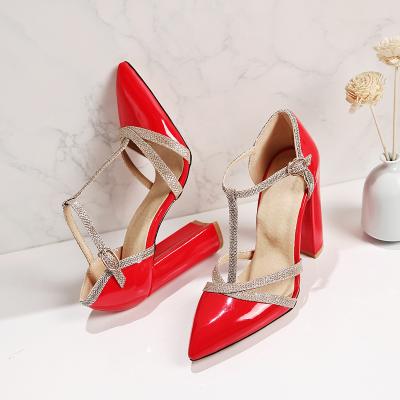 China Breathable T-Strap Woman Thick High Heels Party Fashion Shoes Pumps Women Silver Sandals for sale