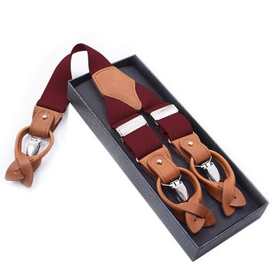 China New Men's 6 Style Adjustable Braces Suspenders Double-Function Clip Button Adult Brown Leather Casual Suspender Belt for sale