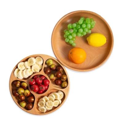 China Sustainable Pastoral style round tray solid wood three grid five grid plate pastry fruit plate for sale