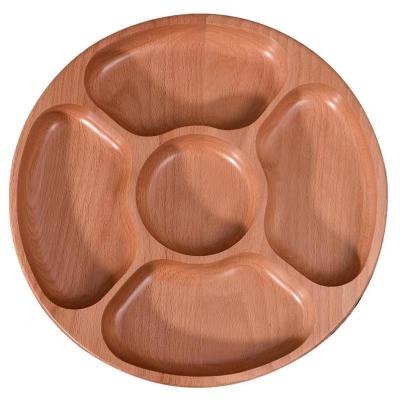 China Sustainable Simple creative sub-lattice fruit tray multi-function wooden tray round five snack trays for sale