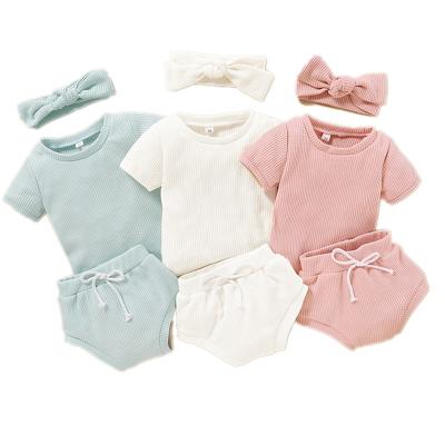 China 2022 New Babies Anti-Shrinkage Three Piece Set Summer Newborn Romper+Shorts+Headband Cotton Jumpsuit One-Piece Clothing Set for sale