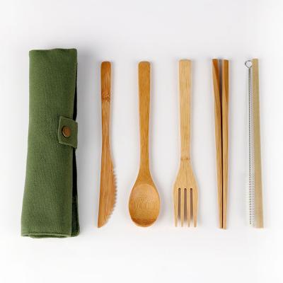 China Sustainable Quality Reusable Bamboo Cutlery Set, Biodegradable Bamboo Spoon Fork Knife, Portable Travel Flatware Set with Cloth Bag for sale